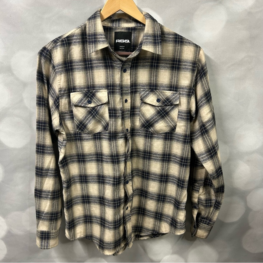 RSQ‎ plaid button down in size medium in blue, tan and cream. Super soft